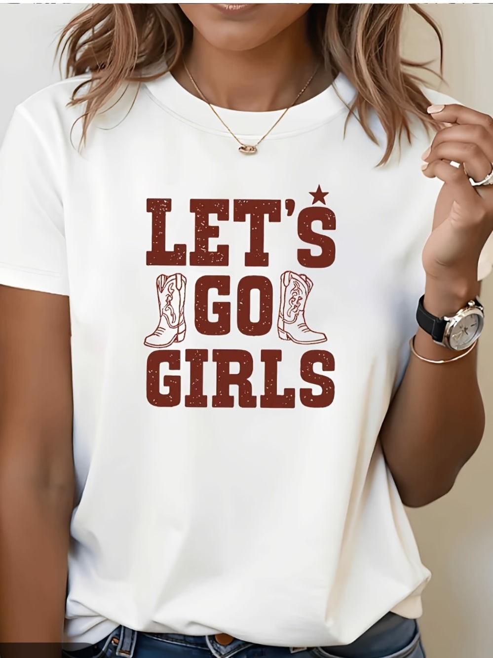 Women’s Size XL T-Shirt White Brown Let’s Go Girls Cowboy‎ Boots Short Sleeve